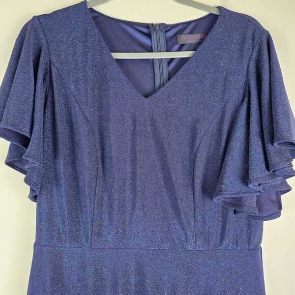 Bridesmay Semi Formal Dress Ruffle Sleeve‎ A Line Swing Metallic V-Neck Blue.A23 - Picture 3 of 13
